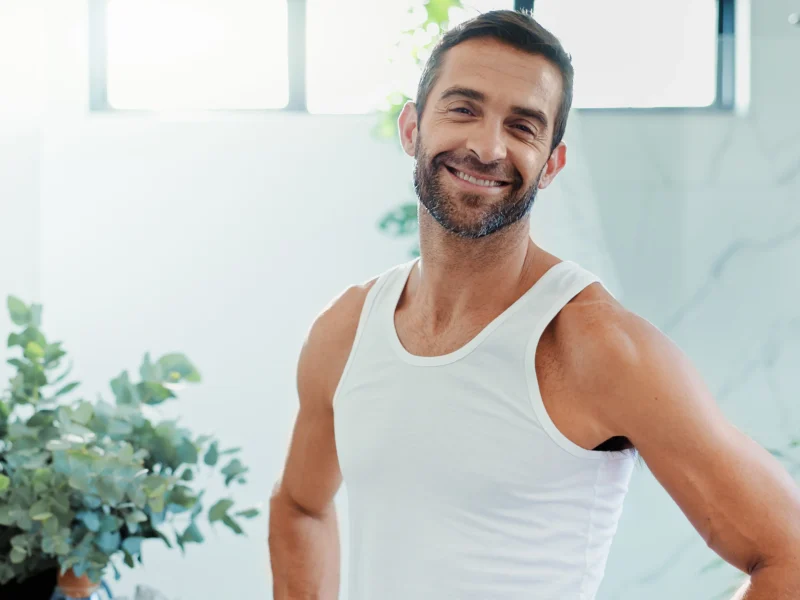 Hombre feliz tras pasar por ginecomastia.